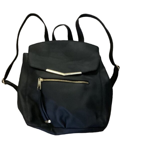 Handbags - Black Backpack Purse Pebbled Vegan PU Faux Leather Lightweight Gold Accents 154A
